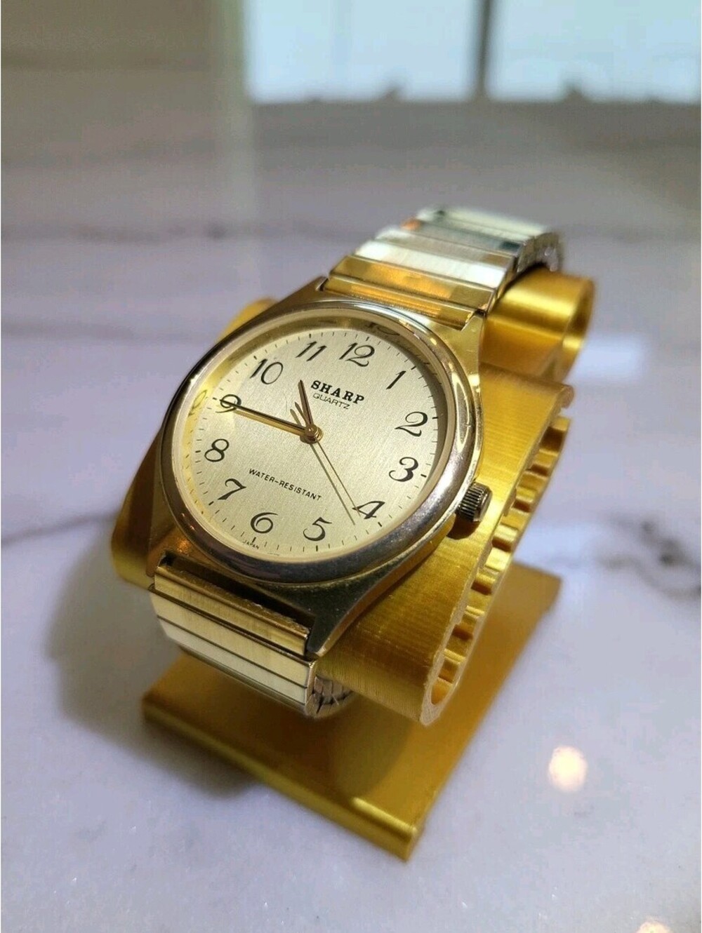 Vtg Mens Watch Sharp Analog Quartz Water Resistant  Works New Battery EUC Stretc